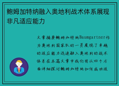 鲍姆加特纳融入奥地利战术体系展现非凡适应能力