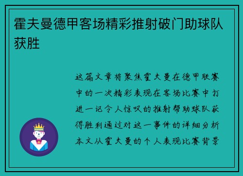 霍夫曼德甲客场精彩推射破门助球队获胜